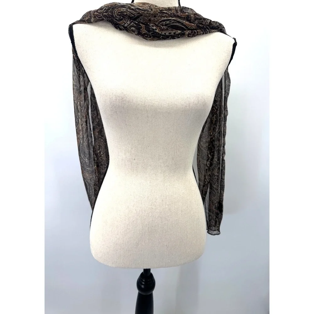 Cejon Brown Gold Silk Paisley Scarf Wrap Boho Earthy Lightweight Sheer Shawl